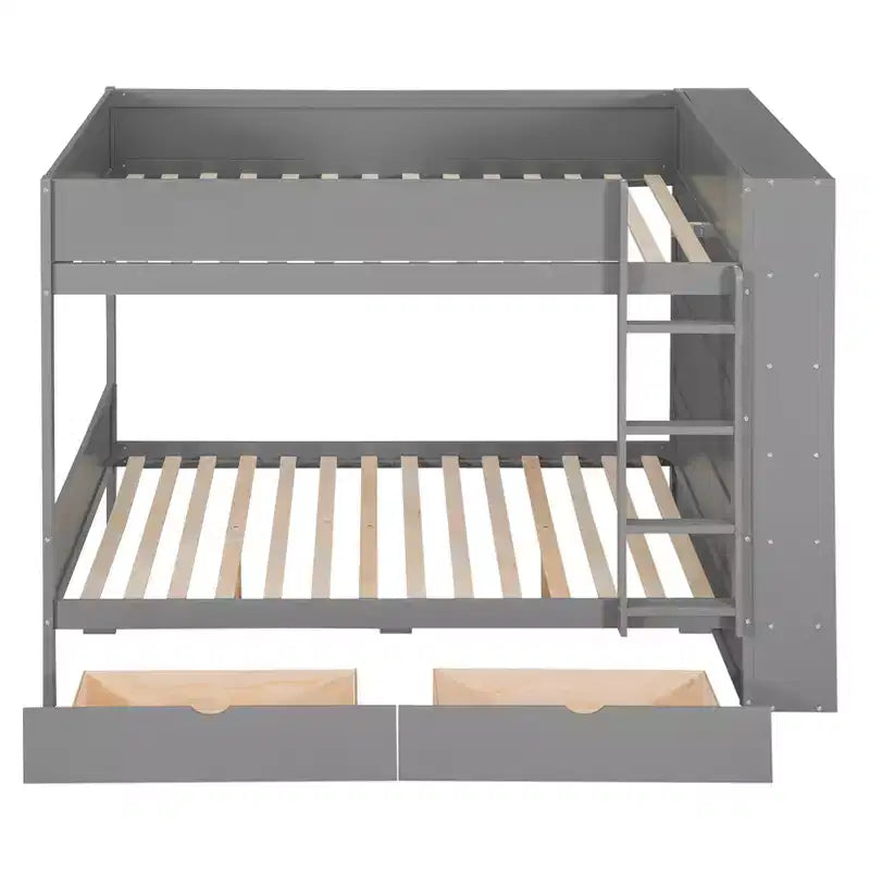 Lit superposé jumeau sur jumeau/double sur double avec 2 tiroirs et armoire multicouche, solution de rangement peu encombrante, blanc/gris - ModernLuxe
