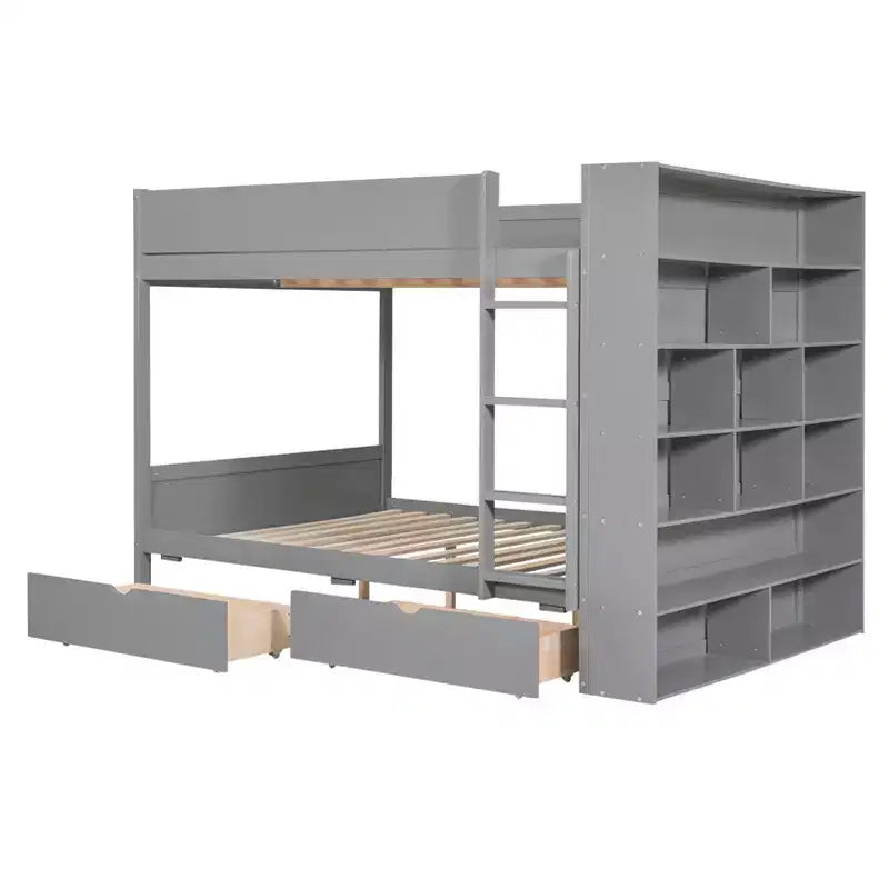 Lit superposé jumeau sur jumeau/double sur double avec 2 tiroirs et armoire multicouche, solution de rangement peu encombrante, blanc/gris - ModernLuxe