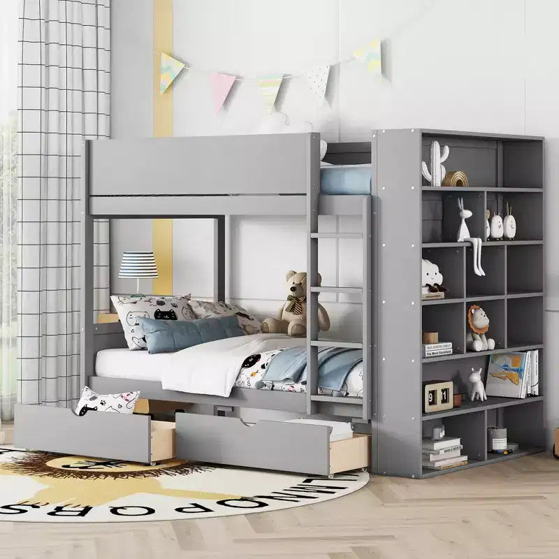 Lit superposé jumeau sur jumeau/double sur double avec 2 tiroirs et armoire multicouche, solution de rangement peu encombrante, blanc/gris - ModernLuxe