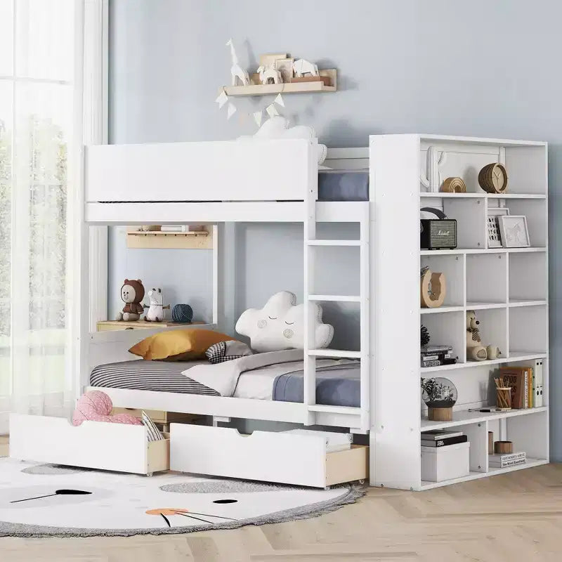 Lit superposé jumeau sur jumeau/double sur double avec 2 tiroirs et armoire multicouche, solution de rangement peu encombrante, blanc/gris - ModernLuxe