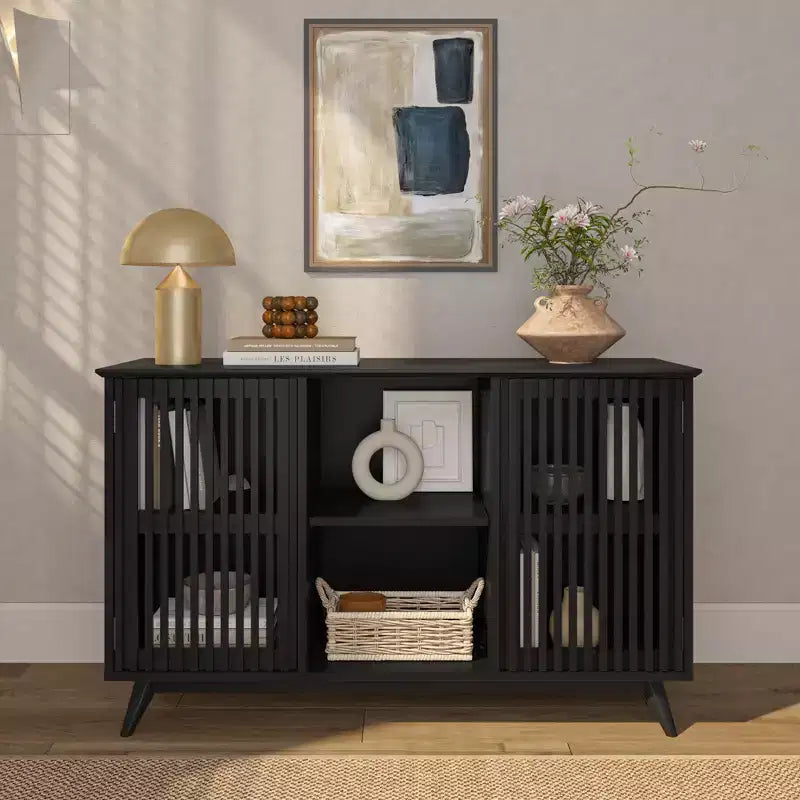 Plank+Beam Meuble TV scandinave en bois massif, 2 portes, 49 po, pour salon