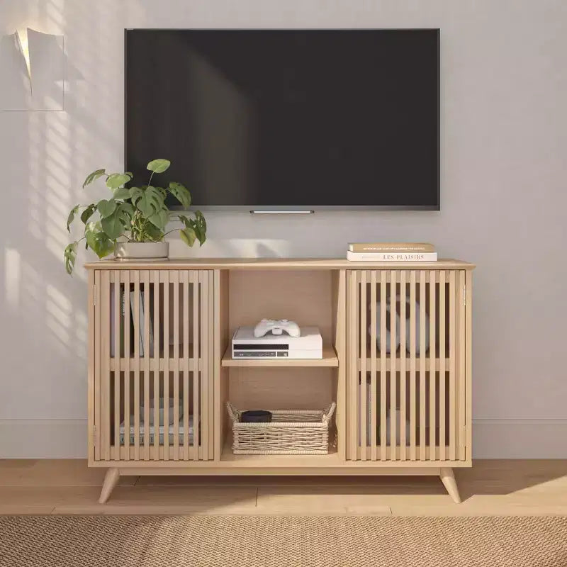 Plank+Beam Meuble TV scandinave en bois massif, 2 portes, 49 po, pour salon