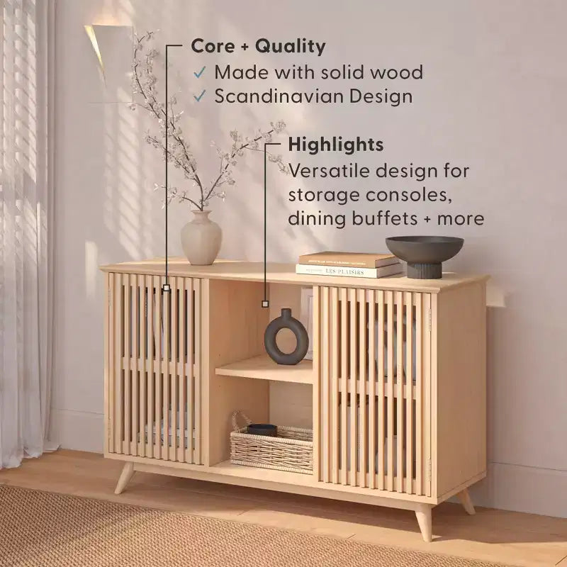 Plank+Beam Meuble TV scandinave en bois massif, 2 portes, 49 po, pour salon