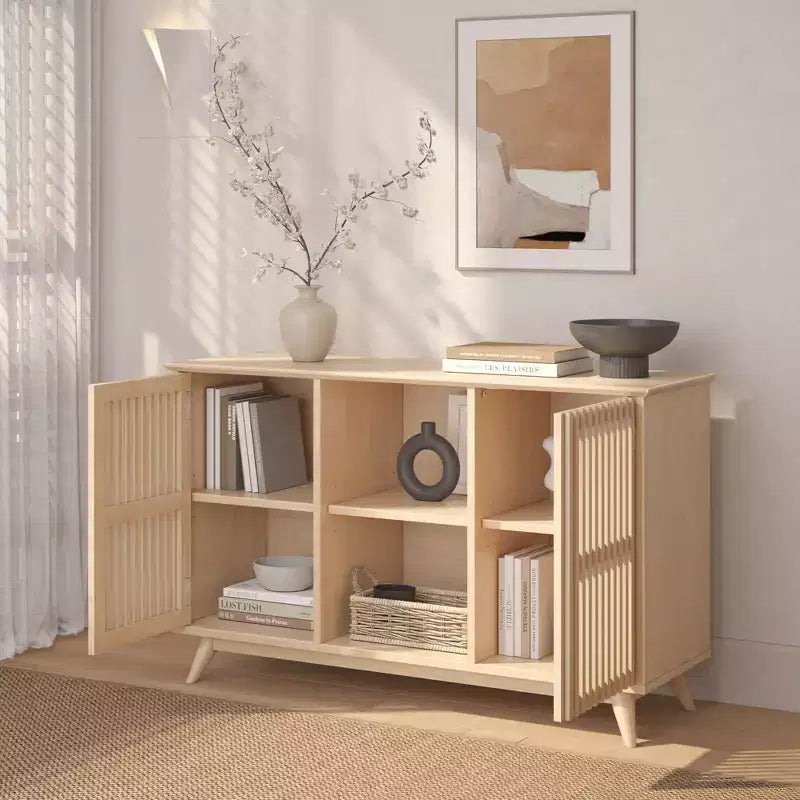 Plank+Beam Meuble TV scandinave en bois massif, 2 portes, 49 po, pour salon