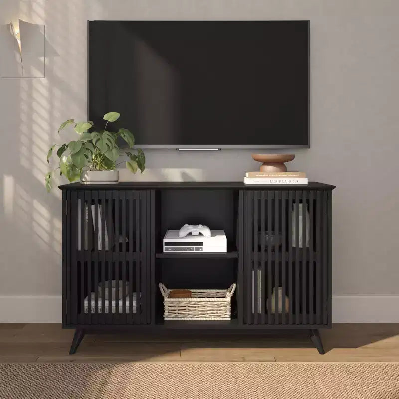 Plank+Beam Meuble TV scandinave en bois massif, 2 portes, 49 po, pour salon