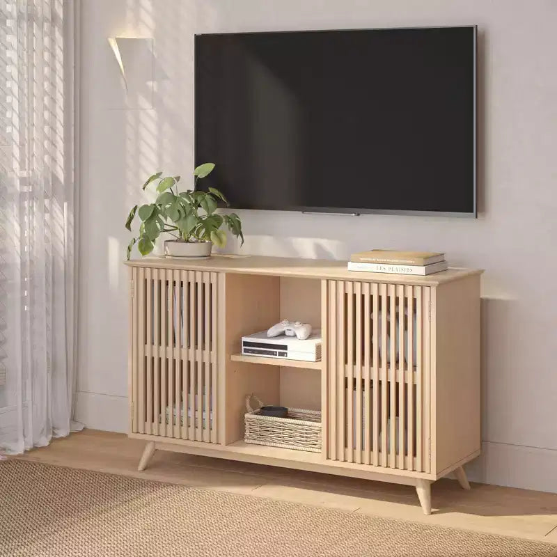 Plank+Beam Meuble TV scandinave en bois massif, 2 portes, 49 po, pour salon