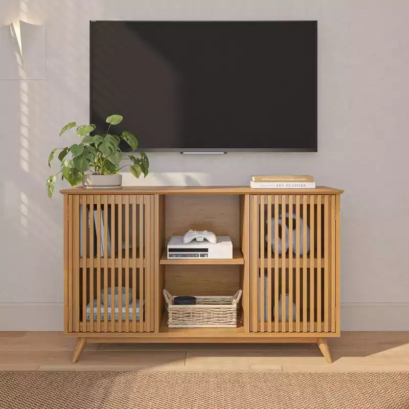 Plank+Beam Meuble TV scandinave en bois massif, 2 portes, 49 po, pour salon