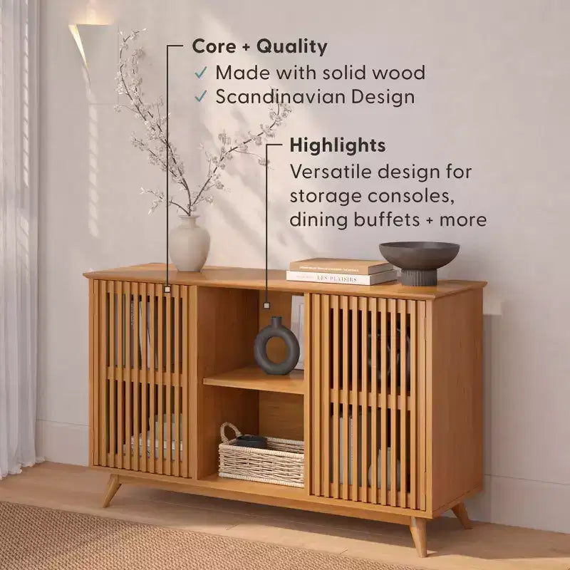 Plank+Beam Meuble TV scandinave en bois massif, 2 portes, 49 po, pour salon