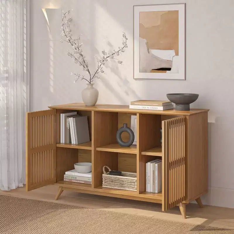 Plank+Beam Meuble TV scandinave en bois massif, 2 portes, 49 po, pour salon