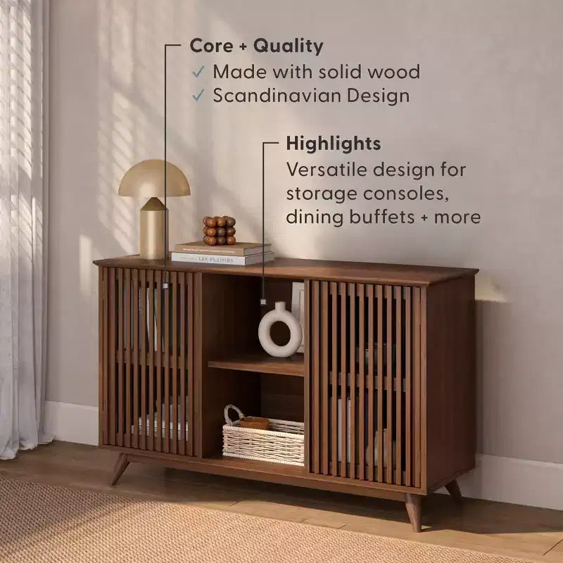 Plank+Beam Meuble TV scandinave en bois massif, 2 portes, 49 po, pour salon