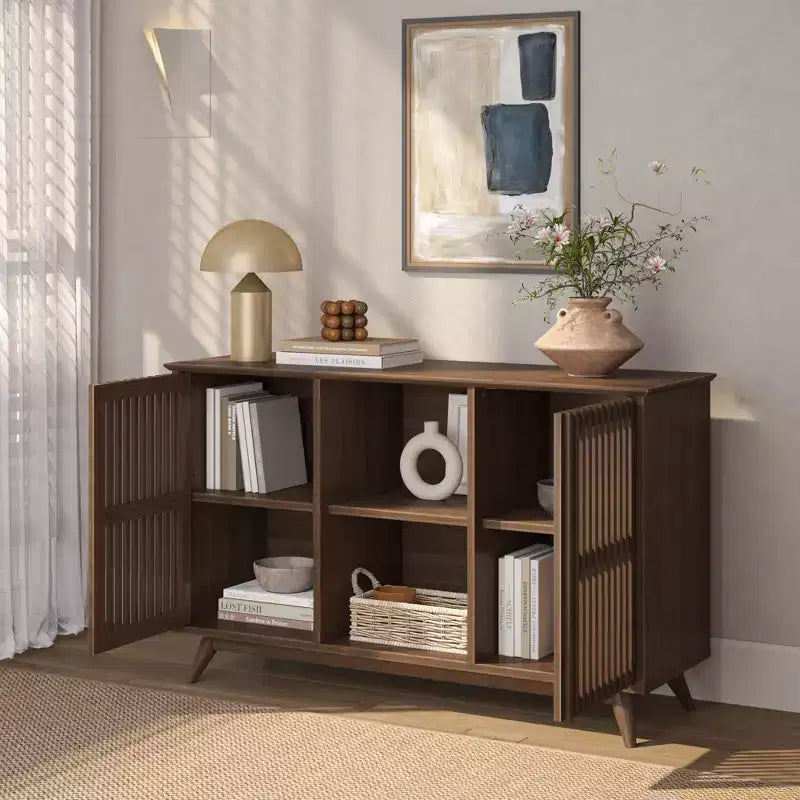 Plank+Beam Meuble TV scandinave en bois massif, 2 portes, 49 po, pour salon