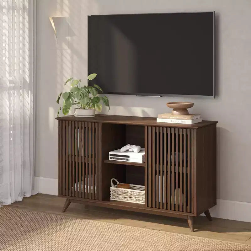 Plank+Beam Meuble TV scandinave en bois massif, 2 portes, 49 po, pour salon