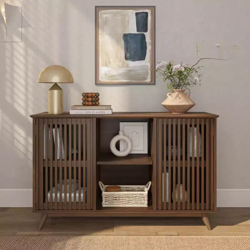 Plank+Beam Meuble TV scandinave en bois massif, 2 portes, 49 po, pour salon