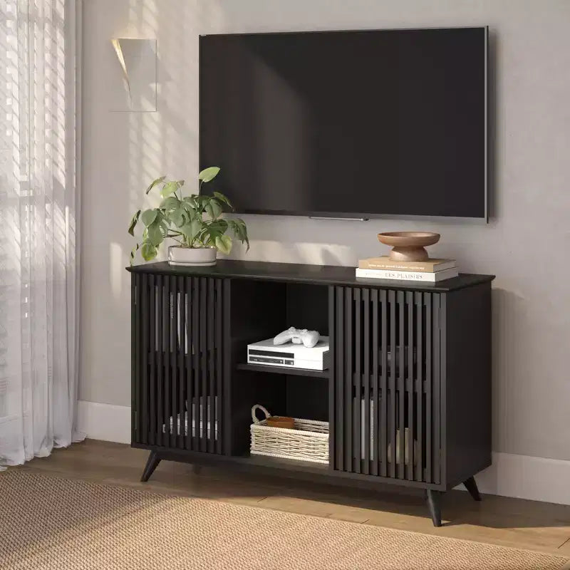 Plank+Beam Meuble TV scandinave en bois massif, 2 portes, 49 po, pour salon