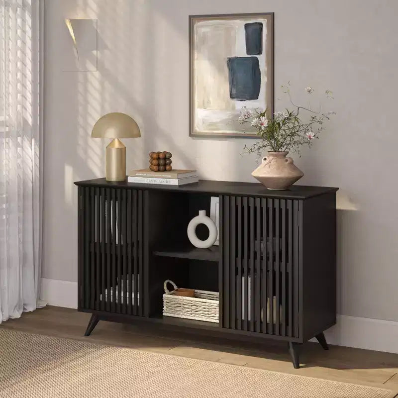 Plank+Beam Meuble TV scandinave en bois massif, 2 portes, 49 po, pour salon