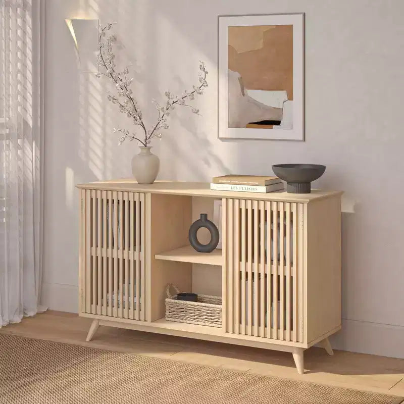Plank+Beam Meuble TV scandinave en bois massif, 2 portes, 49 po, pour salon