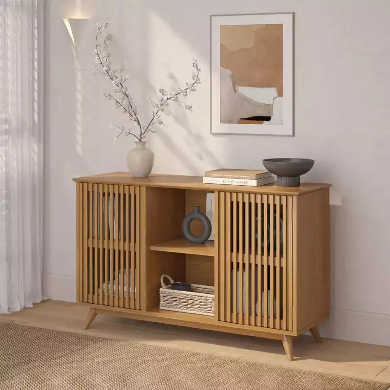Plank+Beam Meuble TV scandinave en bois massif, 2 portes, 49 po, pour salon