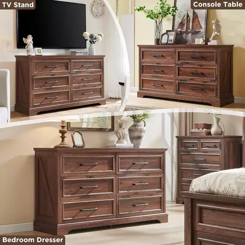 Commode à 6 tiroirs pour chambre, Meuble TV de style ferme avec 6 tiroirs, Commode rustique en bois de 52 po de largeur pour chambre