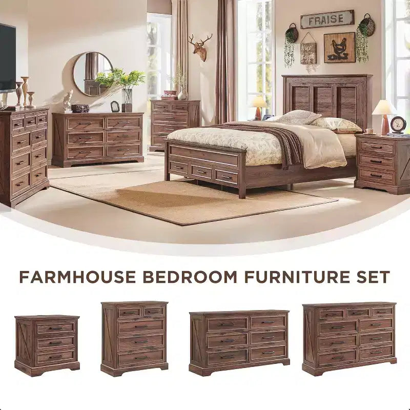 Commode à 6 tiroirs pour chambre, Meuble TV de style ferme avec 6 tiroirs, Commode rustique en bois de 52 po de largeur pour chambre