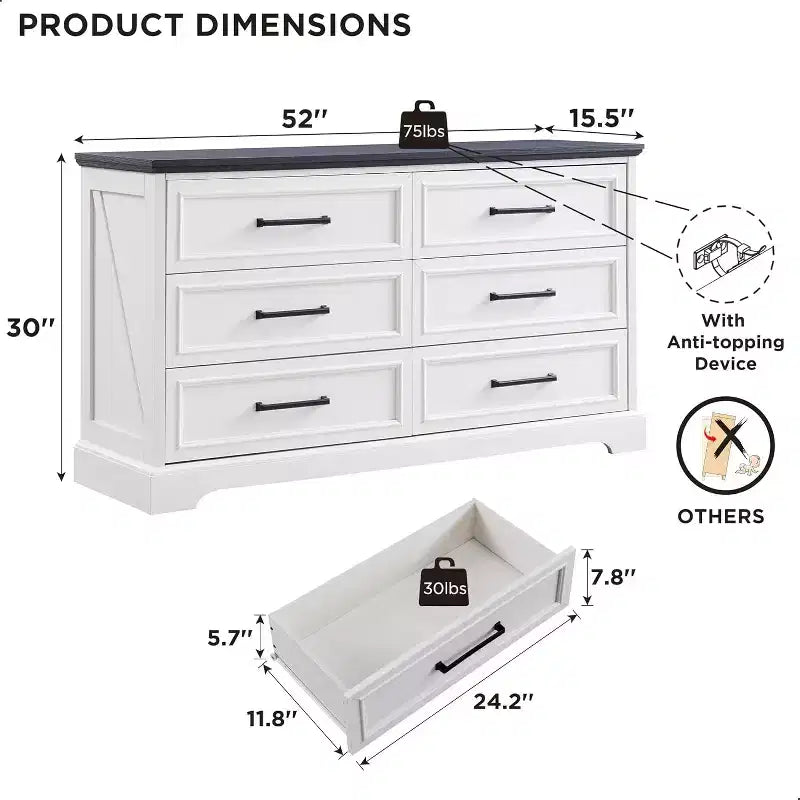 Commode à 6 tiroirs pour chambre, Meuble TV de style ferme avec 6 tiroirs, Commode rustique en bois de 52 po de largeur pour chambre