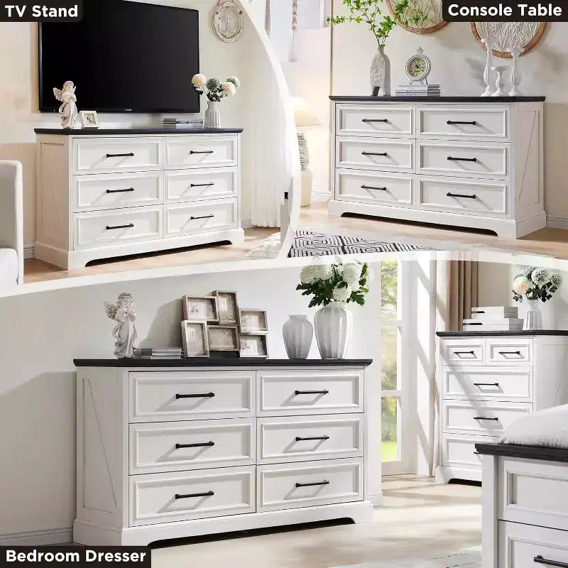 Commode à 6 tiroirs pour chambre, Meuble TV de style ferme avec 6 tiroirs, Commode rustique en bois de 52 po de largeur pour chambre