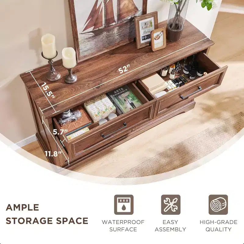 Commode à 6 tiroirs pour chambre, Meuble TV de style ferme avec 6 tiroirs, Commode rustique en bois de 52 po de largeur pour chambre