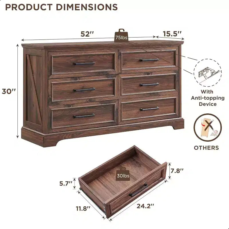 Commode à 6 tiroirs pour chambre, Meuble TV de style ferme avec 6 tiroirs, Commode rustique en bois de 52 po de largeur pour chambre