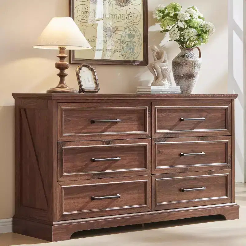 Commode à 6 tiroirs pour chambre, Meuble TV de style ferme avec 6 tiroirs, Commode rustique en bois de 52 po de largeur pour chambre