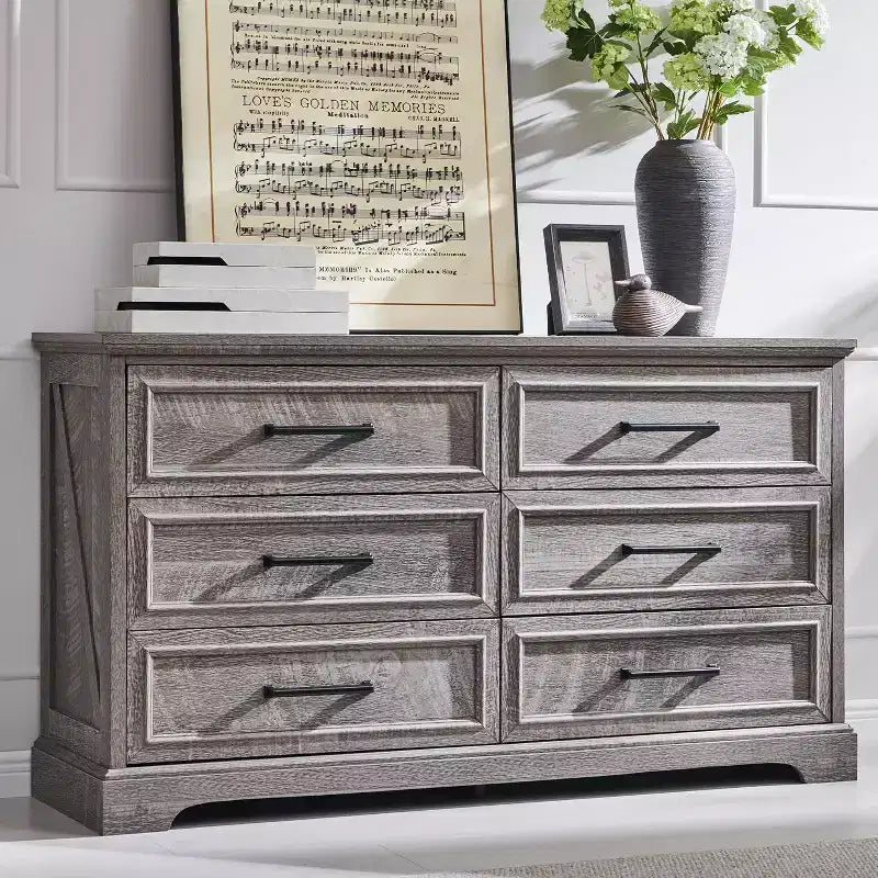 Commode à 6 tiroirs pour chambre, Meuble TV de style ferme avec 6 tiroirs, Commode rustique en bois de 52 po de largeur pour chambre