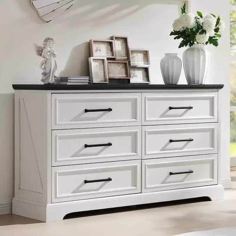 Commode à 6 tiroirs pour chambre, Meuble TV de style ferme avec 6 tiroirs, Commode rustique en bois de 52 po de largeur pour chambre