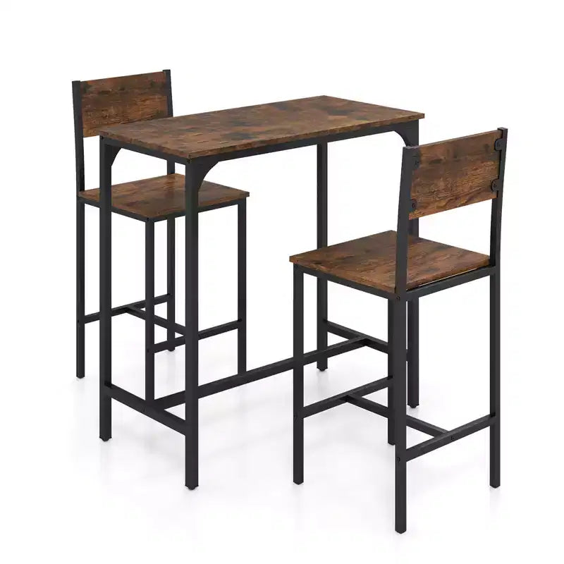 Costway Ensemble table de bar 3 pièces Table de salle à manger de style pub et 2 tabourets de bar avec dossier et repose-pieds Gris/Marron