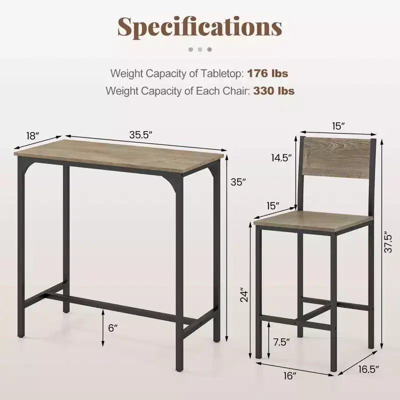 Costway Ensemble table de bar 3 pièces Table de salle à manger de style pub et 2 tabourets de bar avec dossier et repose-pieds Gris/Marron