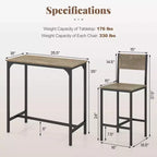 Costway Ensemble table de bar 3 pièces Table de salle à manger de style pub et 2 tabourets de bar avec dossier et repose-pieds Gris/Marron
