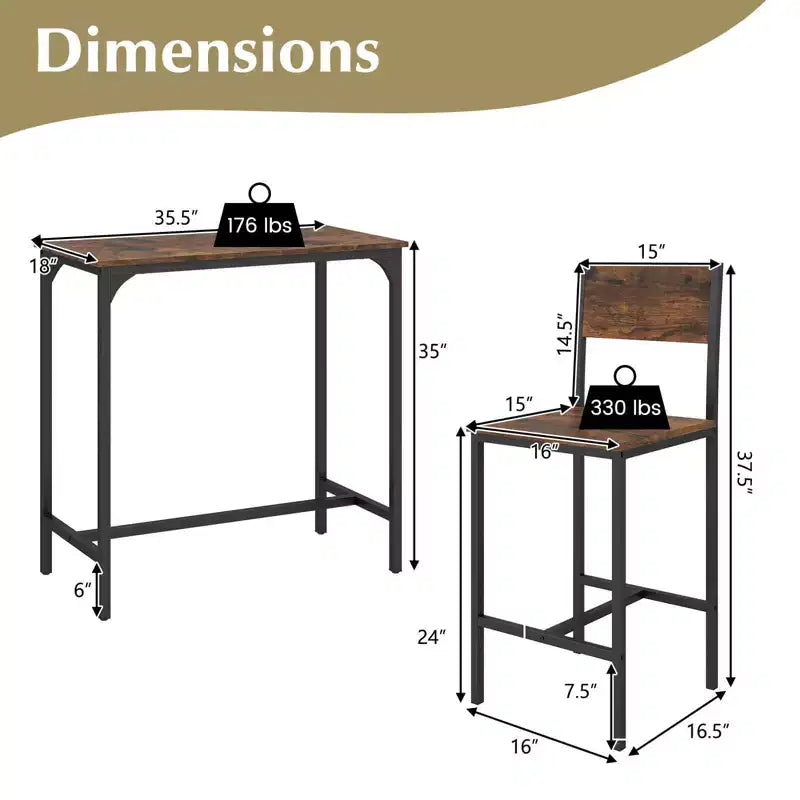 Costway Ensemble table de bar 3 pièces Table de salle à manger de style pub et 2 tabourets de bar avec dossier et repose-pieds Gris/Marron
