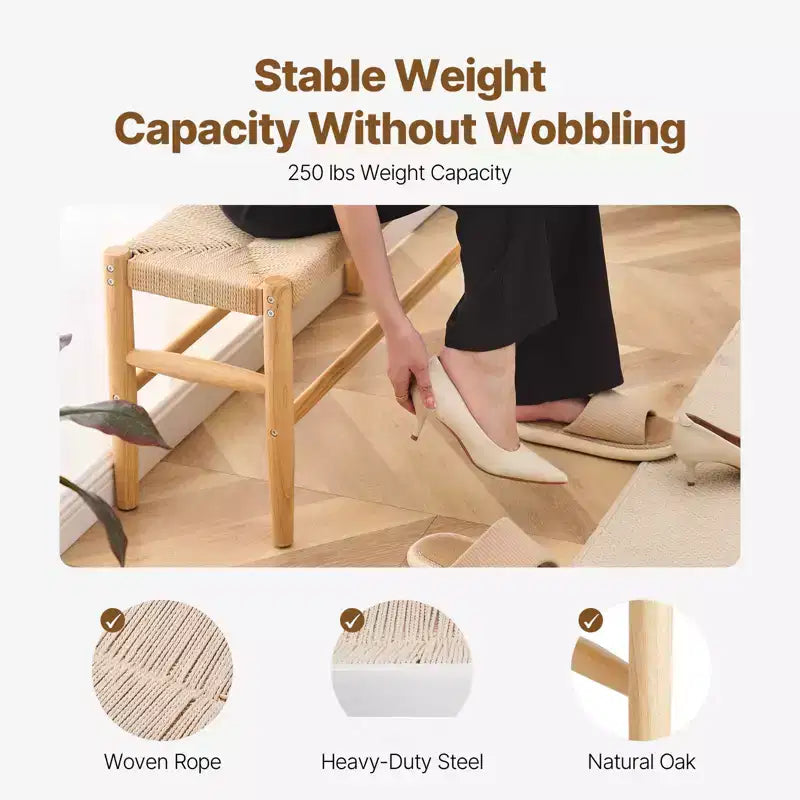 Banc en rotin VEVOR, banc en rotin en bois de 80 cm, banc d'entrée avec pieds en bois de chêne, banc bohème de bout de lit de chambre avec rotin tissé à la main