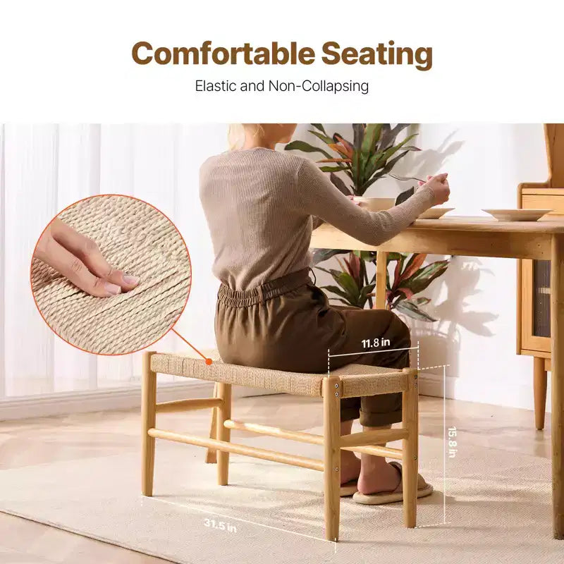 Banc en rotin VEVOR, banc en rotin en bois de 80 cm, banc d'entrée avec pieds en bois de chêne, banc bohème de bout de lit de chambre avec rotin tissé à la main