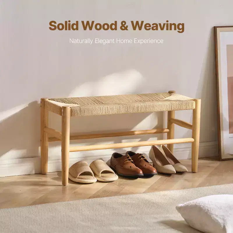Banc en rotin VEVOR, banc en rotin en bois de 80 cm, banc d'entrée avec pieds en bois de chêne, banc bohème de bout de lit de chambre avec rotin tissé à la main