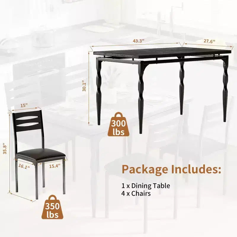 Ensemble table de salle à manger 5 pièces, ensemble table de cuisine de style industriel pour 4 personnes, table de salle à manger et chaises avec table rectangulaire et 4 chaises