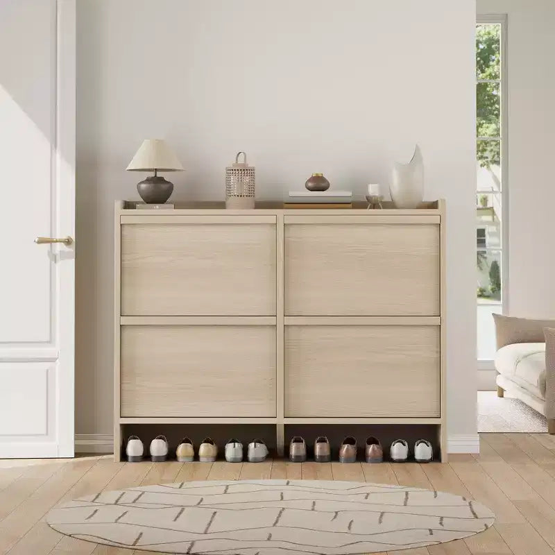 Meuble à chaussures avec 4 tiroirs basculants, meuble à chaussures en bois avec étagère réglable, rangement à chaussures pour l'entrée, meuble à chaussures de salon, Naturel