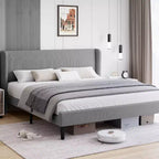 Cadre de lit avec tête de lit capitonnée, design plateforme en bois avec 2 poches de rangement, dossier ailé capitonné à canal vertical, lattes en bois solides.