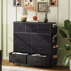 Commode en tissu à 10 tiroirs, unité d'organisation robuste à cadre métallique avec poches latérales et crochets pour chambre à coucher, salon, couloir, noire