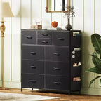 Commode en tissu à 10 tiroirs, unité d'organisation robuste à cadre métallique avec poches latérales et crochets pour chambre à coucher, salon, couloir, noire