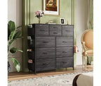 Commode en tissu à 10 tiroirs, unité d'organisation robuste à cadre métallique avec poches latérales et crochets pour chambre à coucher, salon, couloir, noire