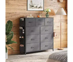Commode en tissu à 10 tiroirs, unité d'organisation robuste à cadre métallique avec poches latérales et crochets pour chambre à coucher, salon, couloir, noire