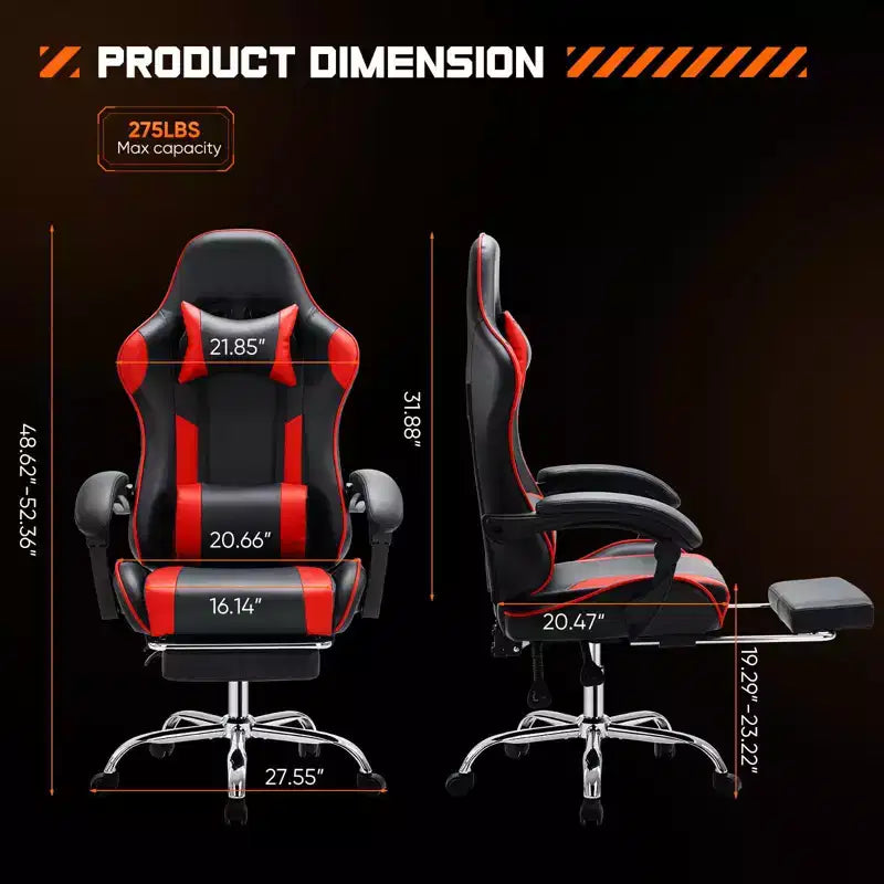 Chaise de bureau pour jeux vidéo - Ergonomique avec repose-pieds et soutien lombaire confortable, fauteuil inclinable en cuir PU avec appui-tête, accoudoir fixe