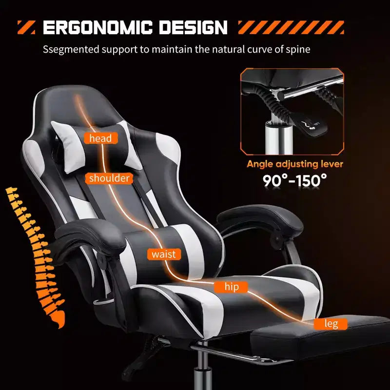 Chaise de bureau pour jeux vidéo - Ergonomique avec repose-pieds et soutien lombaire confortable, fauteuil inclinable en cuir PU avec appui-tête, accoudoir fixe