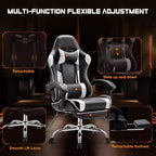 Chaise de bureau pour jeux vidéo - Ergonomique avec repose-pieds et soutien lombaire confortable, fauteuil inclinable en cuir PU avec appui-tête, accoudoir fixe