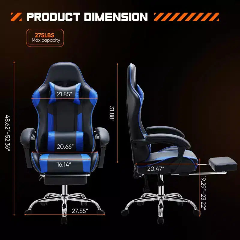 Chaise de bureau pour jeux vidéo - Ergonomique avec repose-pieds et soutien lombaire confortable, fauteuil inclinable en cuir PU avec appui-tête, accoudoir fixe