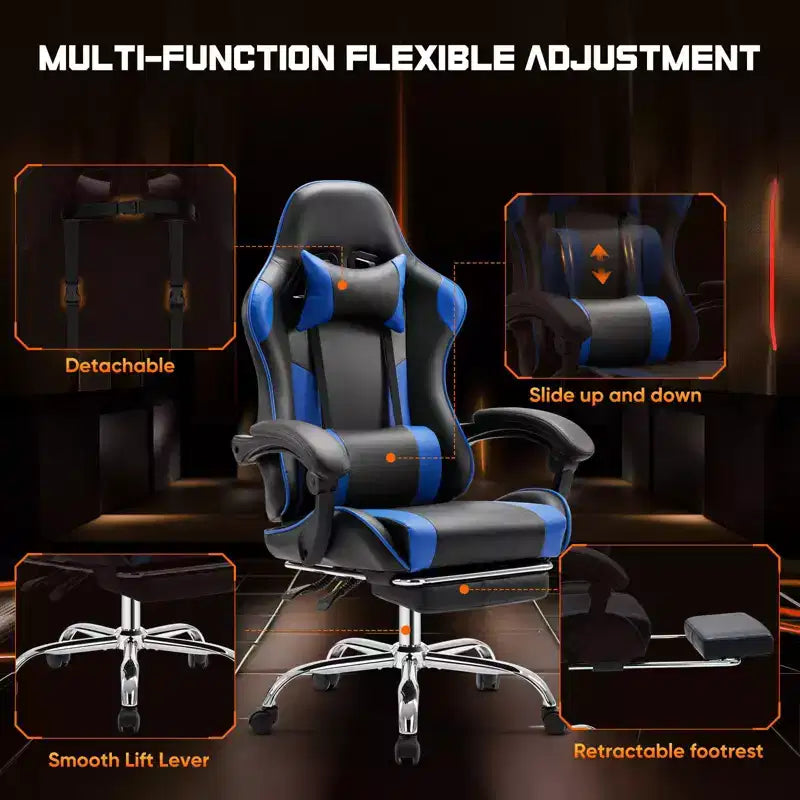 Chaise de bureau pour jeux vidéo - Ergonomique avec repose-pieds et soutien lombaire confortable, fauteuil inclinable en cuir PU avec appui-tête, accoudoir fixe