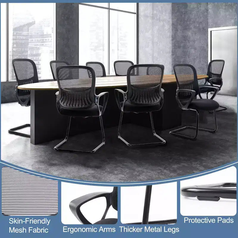 Lot de 2 fauteuils de bureau ergonomiques avec base luge, dossier en maille, accoudoirs confortables, support lombaire et sans roulettes